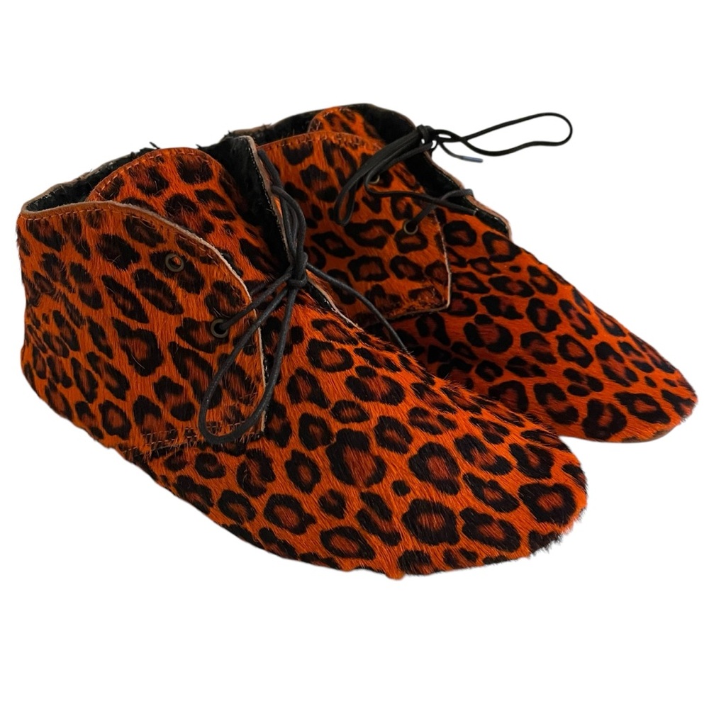 Anniel Orange Leopard Print Pony Skin Ballet Derby Ankle Boots 39(8 1/2) NEW